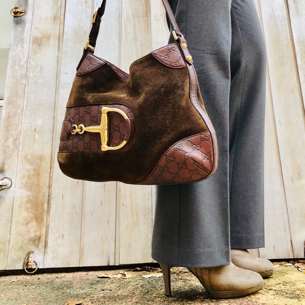 Gucci Brown Suede & Leather Hobo with Gold Hardware
